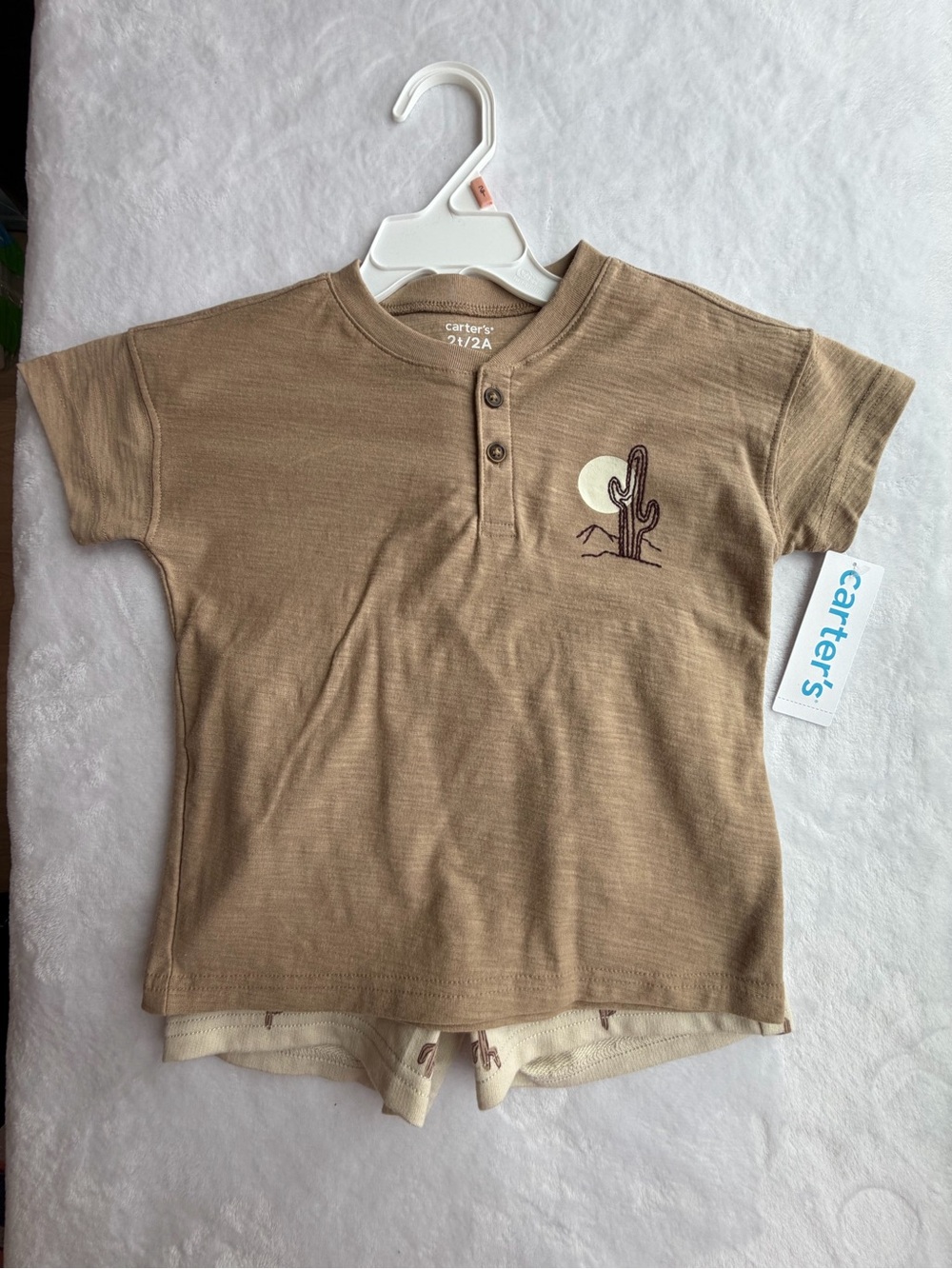 Carter's Tan Short Sleeve Henley and shorts set with Cactus Embroidery